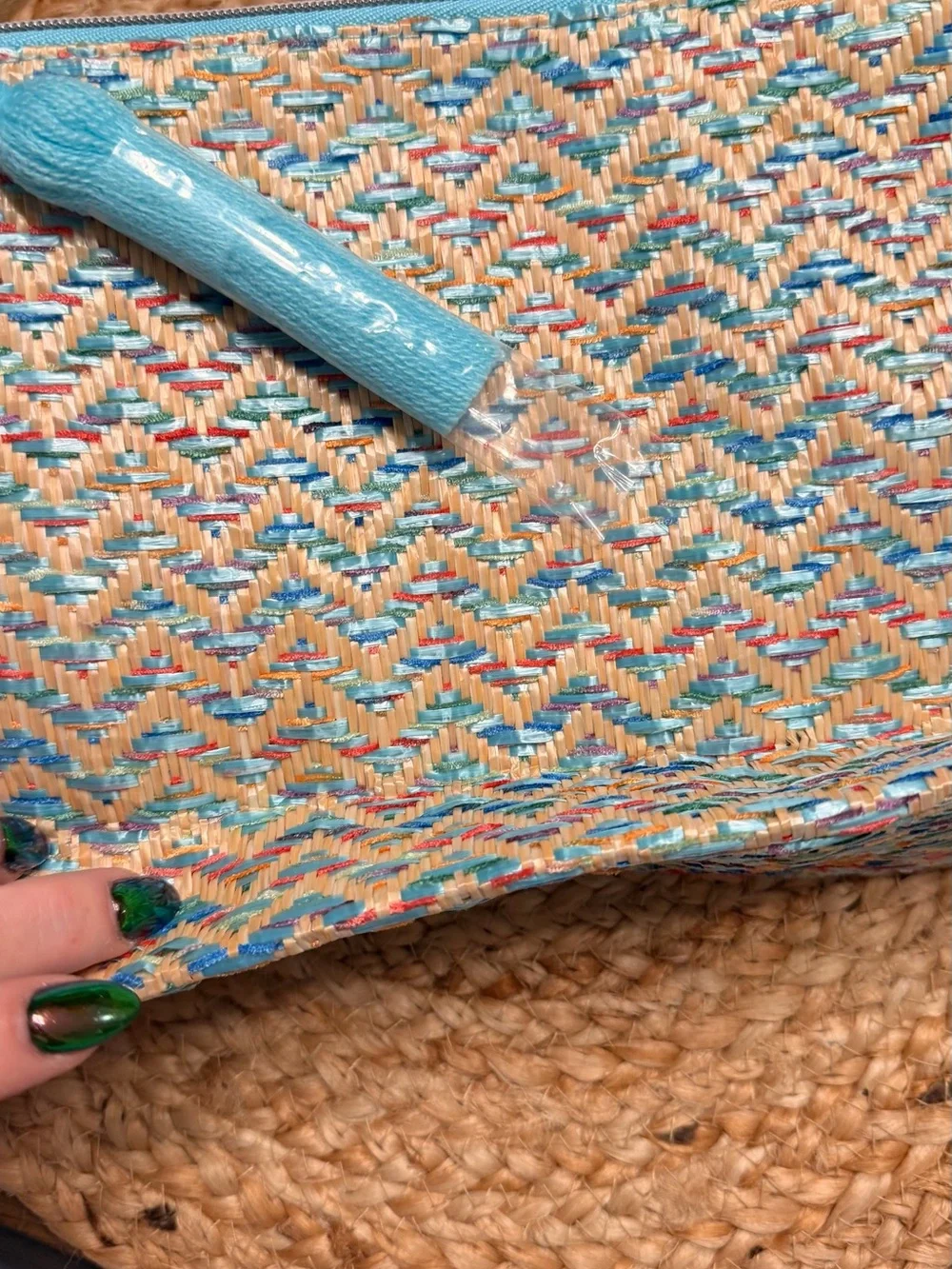 Lancome Blue and Natural Woven Cosmetic Pouch with Tassel